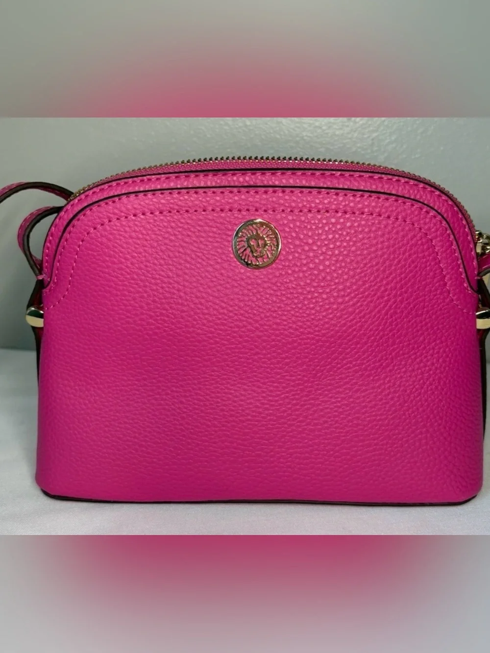 Anne Klein Hot Pink- Fuchsia Pebbled Faux Leather Crossbody with Gold Logo
